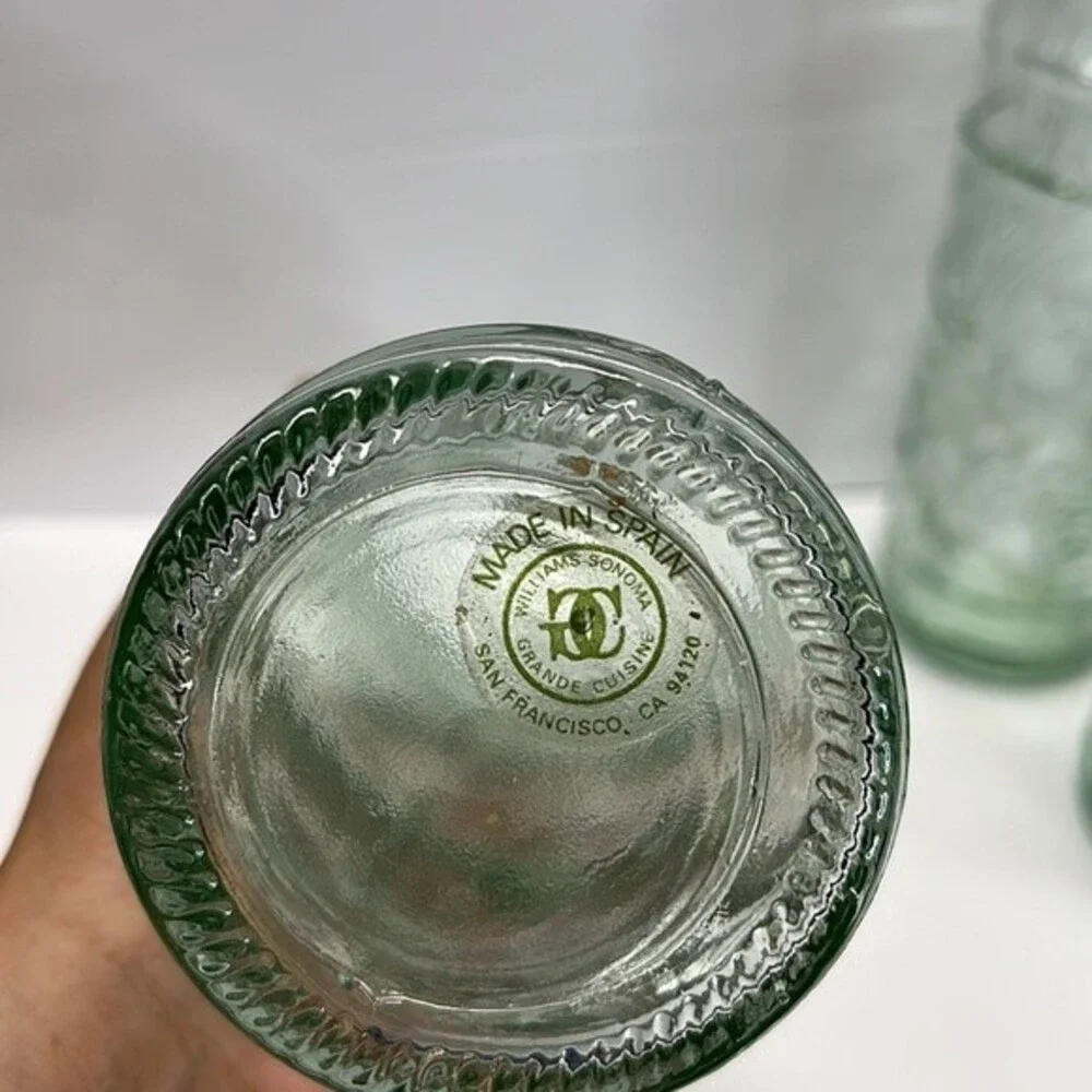 William Sonoma made in Spain Embossed Clear Green Glass Bottles set of 3